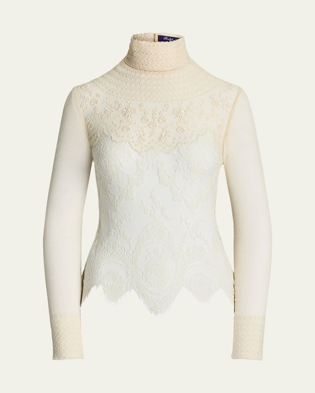 Delilah Embellished Floral Leavers Lace Turtleneck Top